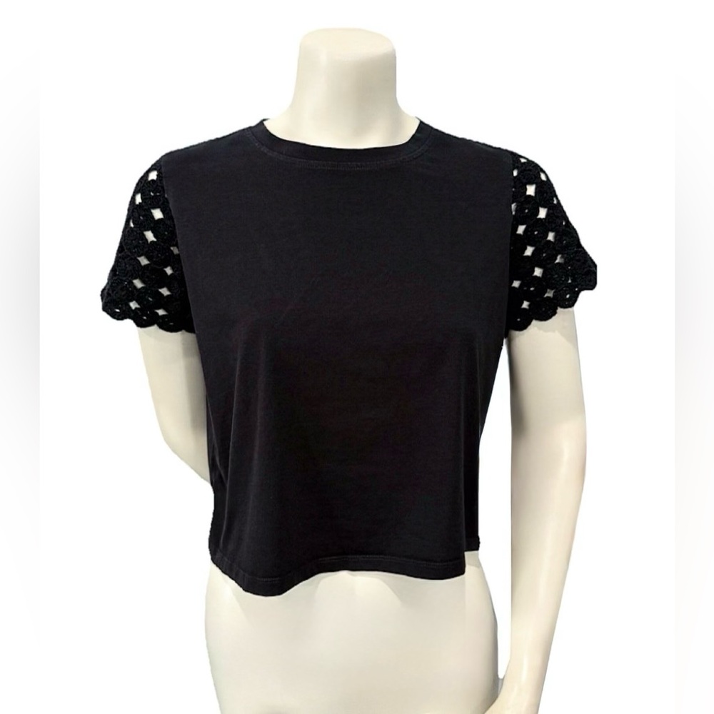 Joie Black Crop Top Crochet Lace Sleeves Short Sleeve Tee Size S